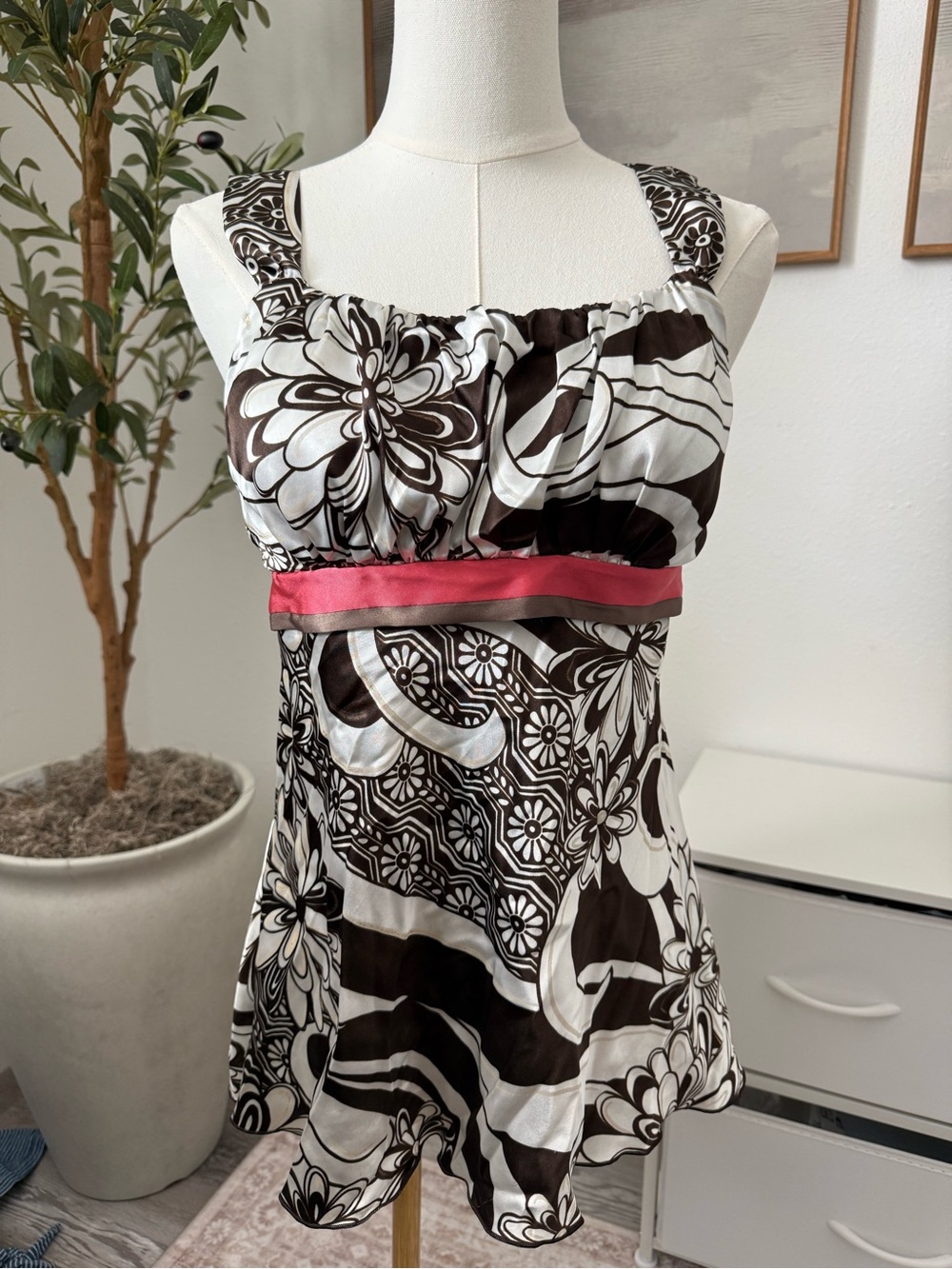 A. Byer Black & White Floral Mini Dress with Pink Waist Sash